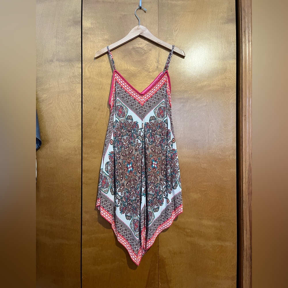La Moda Women's Rayon Handkerchief Hem Boho Tunic Pink/White Print One Size
